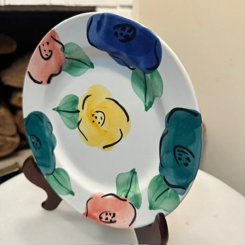 Pier 1 Handpainted Portugal Ceramic Plate Floral Yellow Blue‎ Pink Green